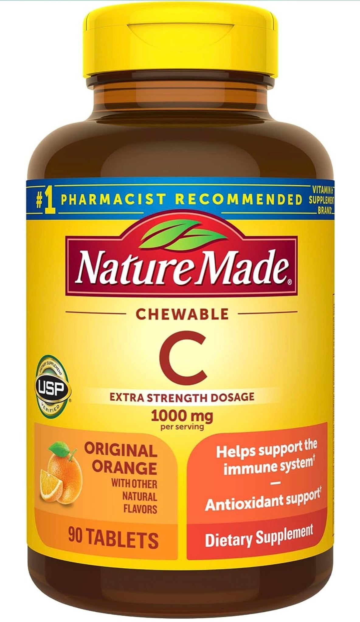 Nature Made - Vitamina C masticable 1000mg, súper fuerte, para apoyo inmunológico, apoyo antioxidante, naranja, 90 unidades