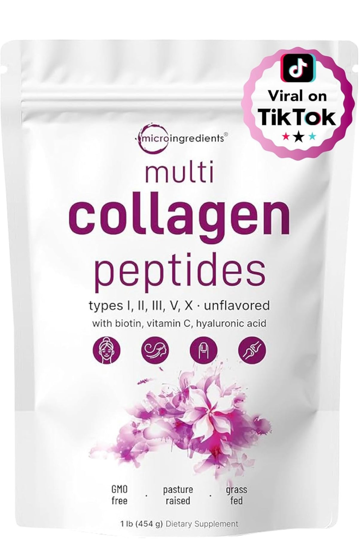 Multi Collagen Peptides Powder – Péptidos de proteína hidrolizados | Tipo I, II, III, V, X con ácido hialurónico, biotina y vitamina C – Sin sabor – Apto para Keto y Paleo, Ez Mix in Bebidas, 454 gr
