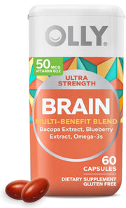 OLLY Cápsulas blandas cerebrales ultra fuertes, nootrópicos, apoya la función cerebral saludable, la memoria, el enfoque y la concentración, omega-3, vitaminas B6 y B12, suministro para 30 días, 60