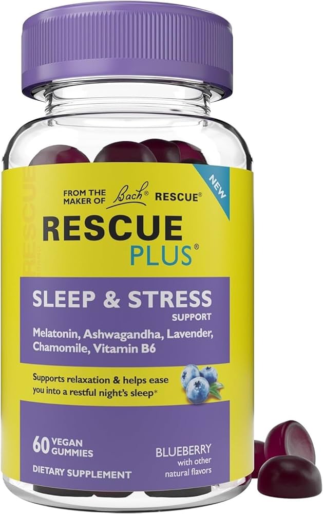 Bach RESCUE PLUS - Gomitas de apoyo para el sueño y el estrés, suplemento dietético nocturno con 1 mg de melatonina, ashwagandha, manzanilla, lavanda y vitamina B6, sabor natural a arándanos, veganas