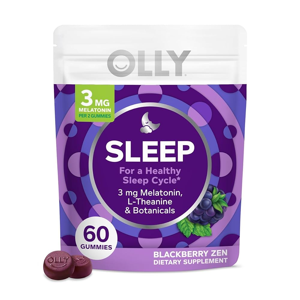 OLLY Gomitas para dormir, apoyo ocasional para dormir, 3 mg de melatonina, L-teanina, manzanilla, bálsamo de limón, ayuda para dormir, mora, 90 unidades
