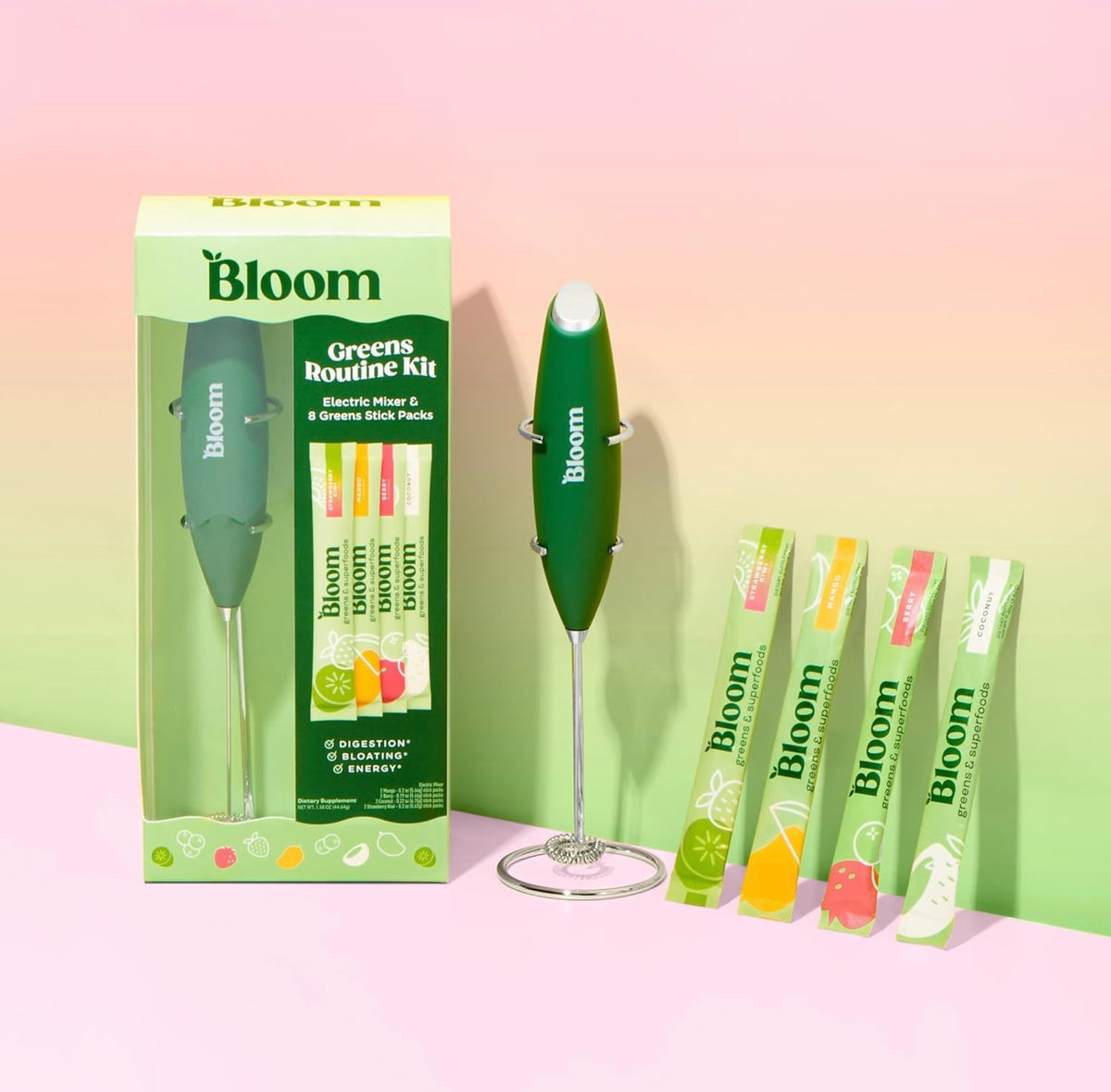 Bloom Nutrition Batidora de mano eléctrica y 8 paquetes de palitos de polvo Super Greens
