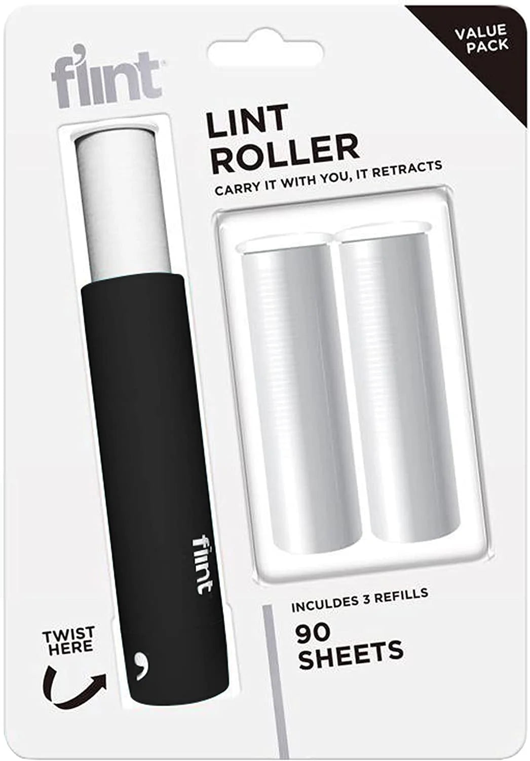 Flint Plus Removedor de pelusa retráctil y rodillo de pelo de mascotas para ropa. 90 sheets