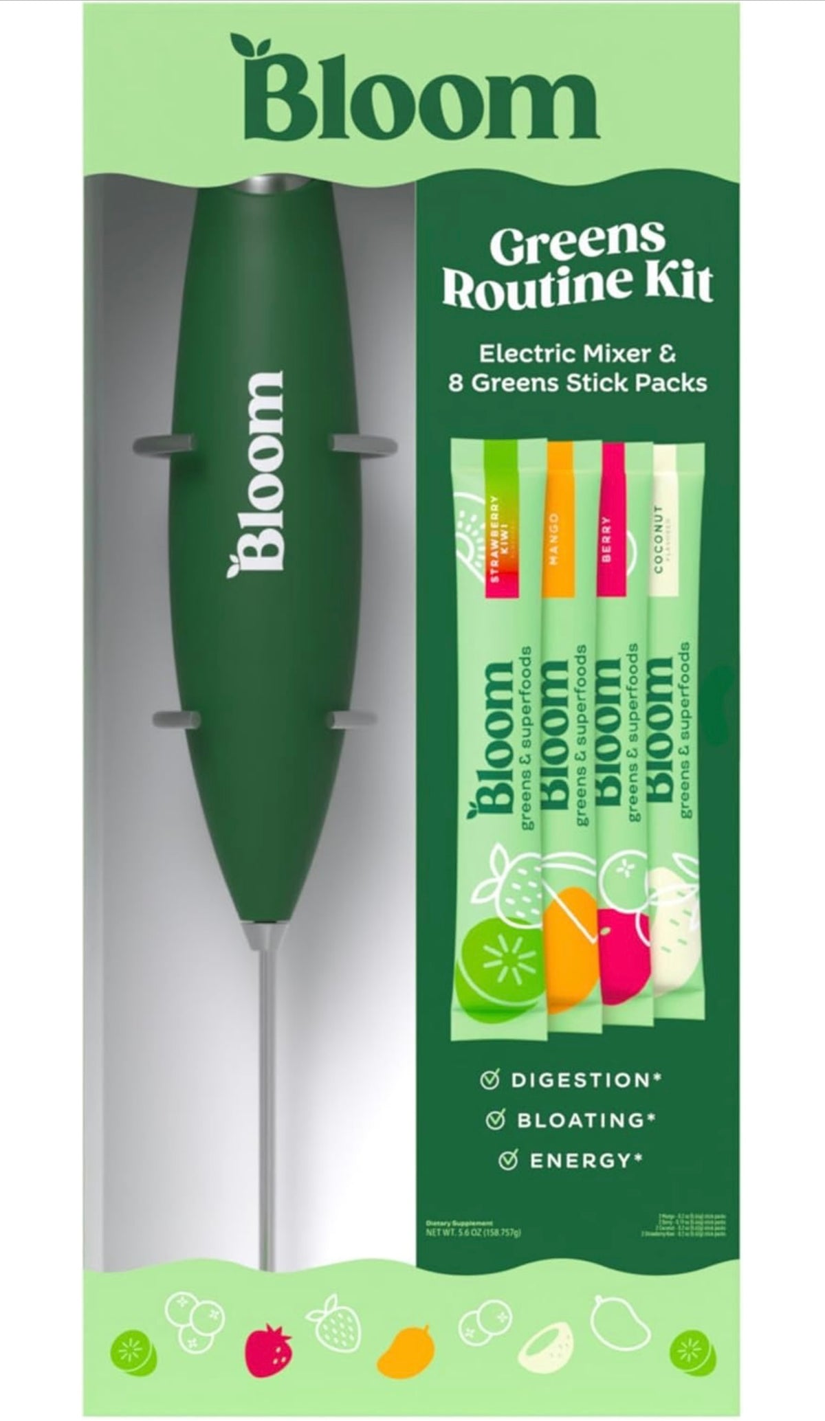 Bloom Nutrition Batidora de mano eléctrica y 8 paquetes de palitos de polvo Super Greens