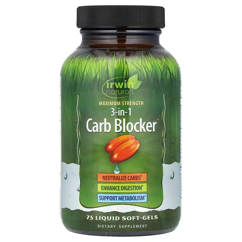 Irwin Naturals Bloqueador de carbohidratos 3 en 1 de máxima resistencia, neutraliza los carbohidratos y apoya el metabolismo, 150 cápsulas blandas líquidas