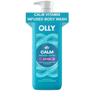 OLLY Gel de baño Calm con ácido hialurónico, adaptógenos y vitamina B3, limpiador nutritivo para reparación de barreras cutáneas, hidratación profunda, aroma de eucalipto ámbar, 17 onzas