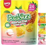 Amos Peelerz - Gomitas pelables surtidas – Paquete variado de dulces tropicales para pelar | Mango, lichi y piña | 24 paquetes individuales (22.16 onzas), golosina divertida, masticable y compartible