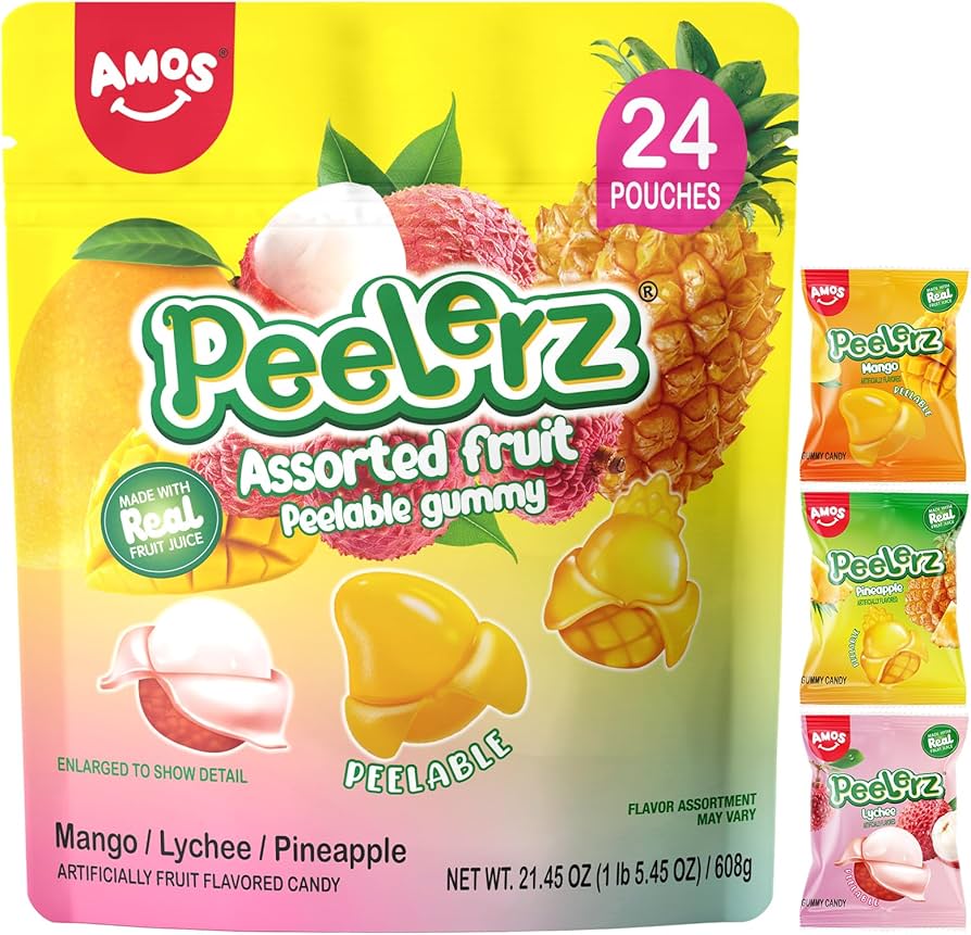 Amos Peelerz - Gomitas pelables surtidas – Paquete variado de dulces tropicales para pelar | Mango, lichi y piña | 24 paquetes individuales (22.16 onzas), golosina divertida, masticable y compartible