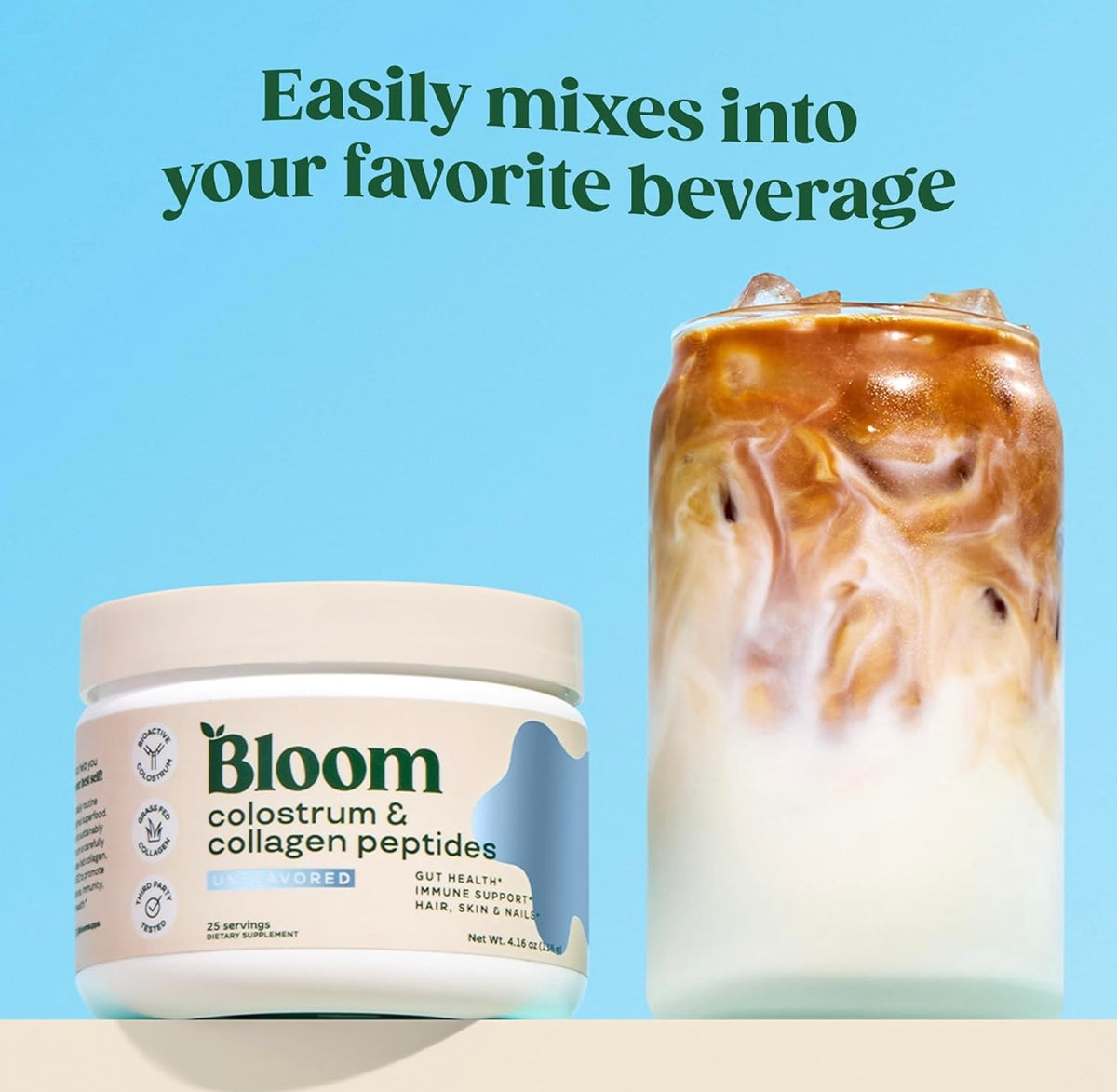 Bloom Nutrition, Polvo de calostro bovino para la salud intestinal, apoyo inmunológico, suplemento para el crecimiento del cabello y belleza, sin gluten, sin azúcar, 118 gr