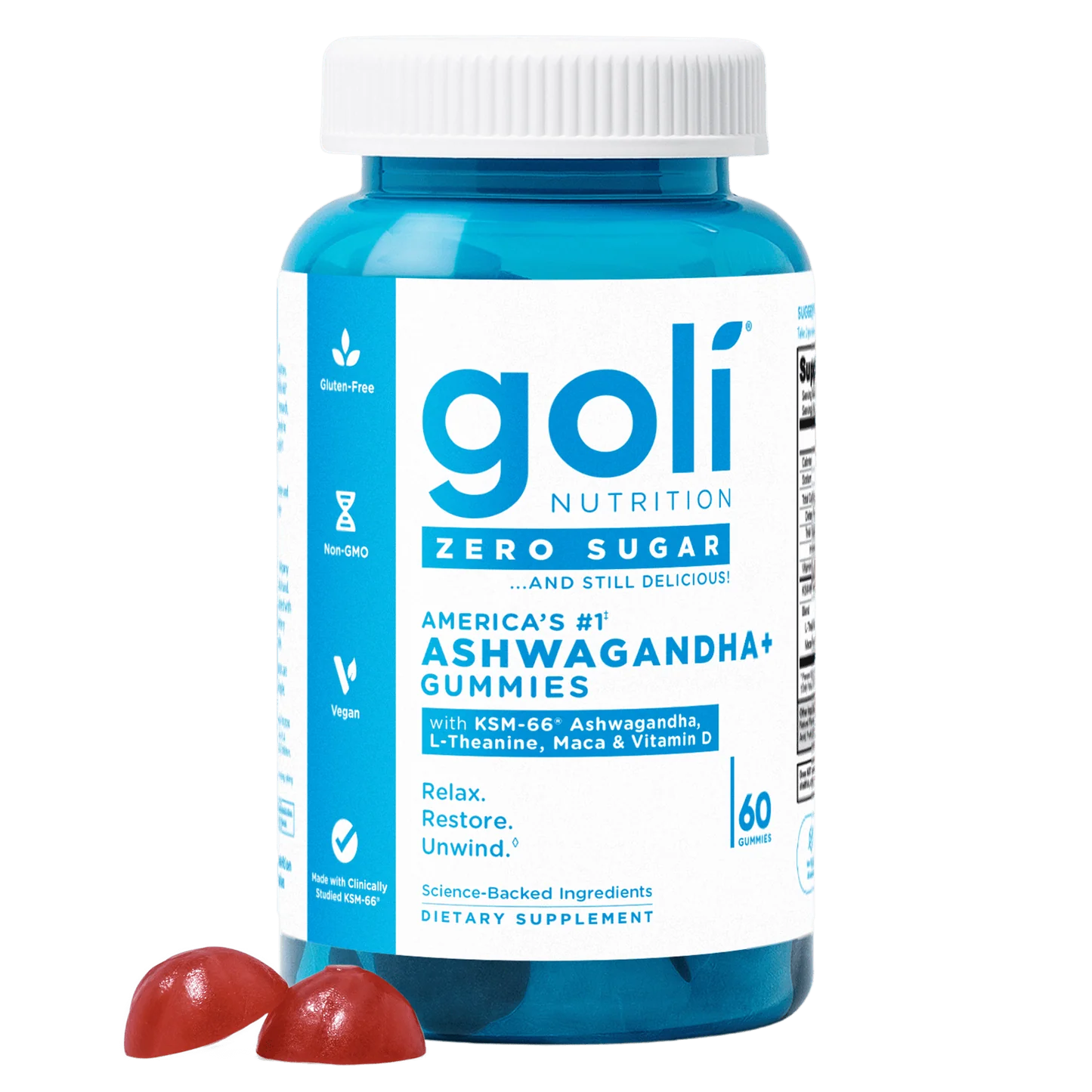 Goli Ashwagandha sin azúcar y vitamina D, maca, gomitas de L-teanina, sin edulcorantes artificiales, sin alcoholes de azúcar. Mezcla de bayas, KSM-66, vegano, a base de plantas, sin OMG, sin gluten