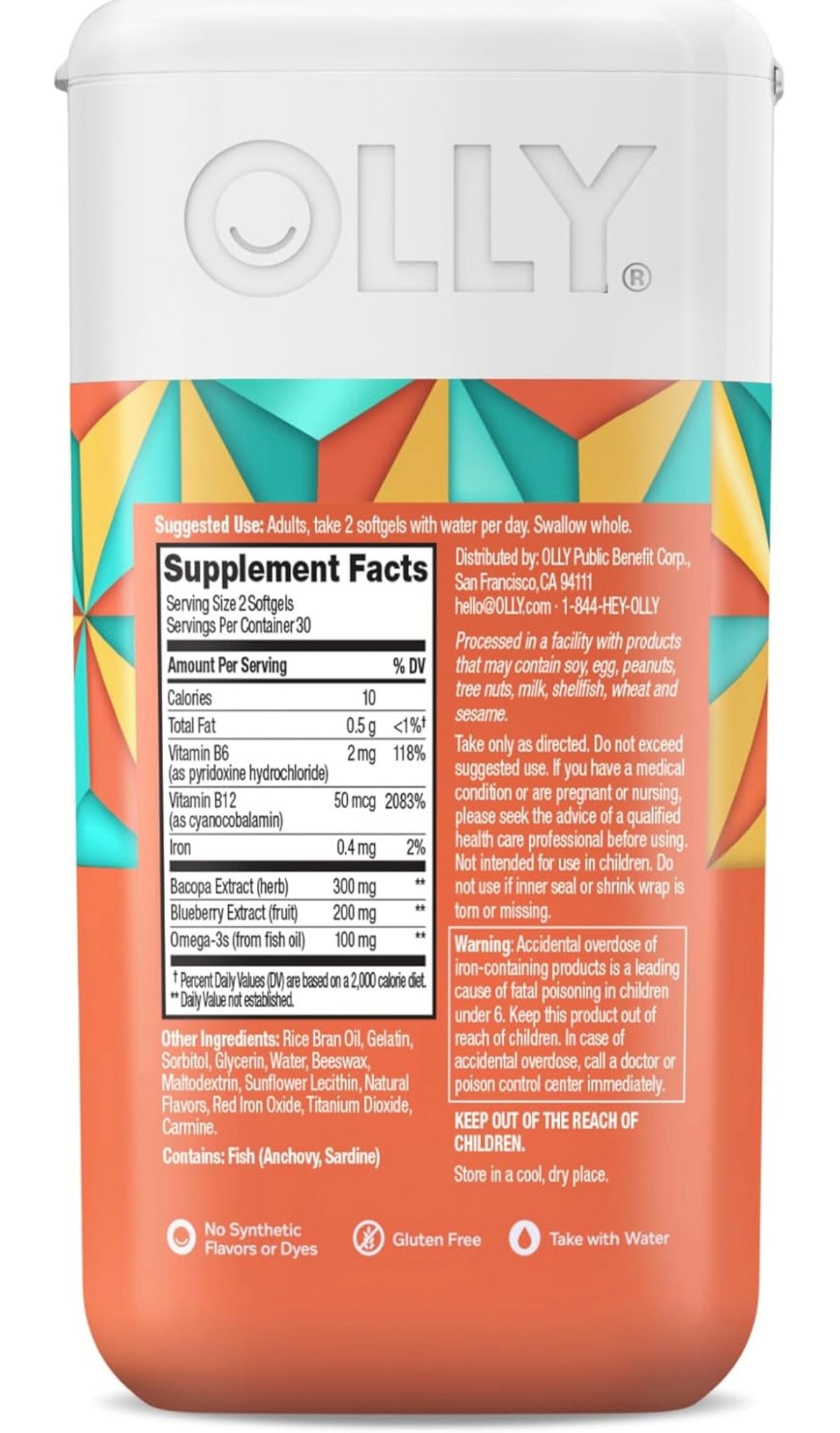 OLLY Cápsulas blandas cerebrales ultra fuertes, nootrópicos, apoya la función cerebral saludable, la memoria, el enfoque y la concentración, omega-3, vitaminas B6 y B12, suministro para 30 días, 60