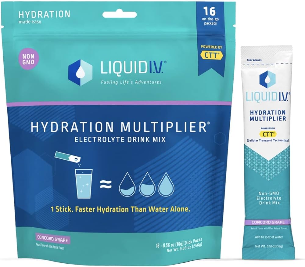 Liquid IV, Multiplicador de hidratación , paquetes de polvo de hidratación | Mezcla de bebida de electrolitos | Barra de una sola porción fácil de abrir | Sin OMG | 16 varillas