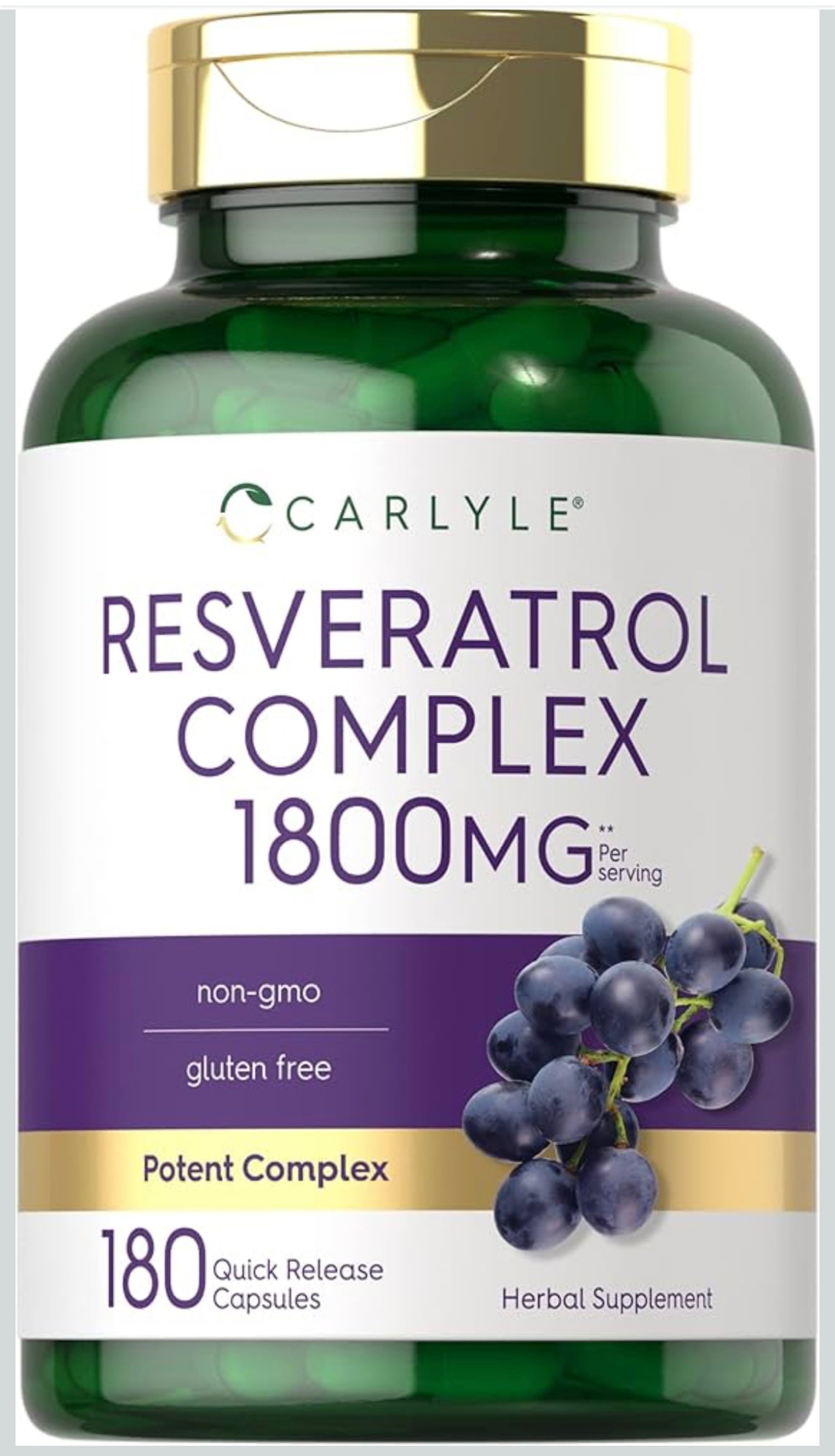 Carlyle Suplemento de resveratrol 1800 mg | 180 cápsulas | Sin OMG y sin gluten | Complejo potente