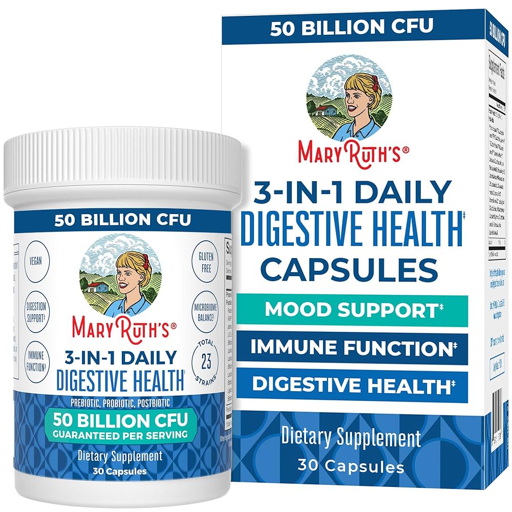 Mary Ruth Organics Probióticos 3 en 1 para la salud digestiva | Prebióticos y postbióticos | Suplemento de salud intestinal para mujeres y hombres | Probióticos en polvo para mujeres | Apoyo