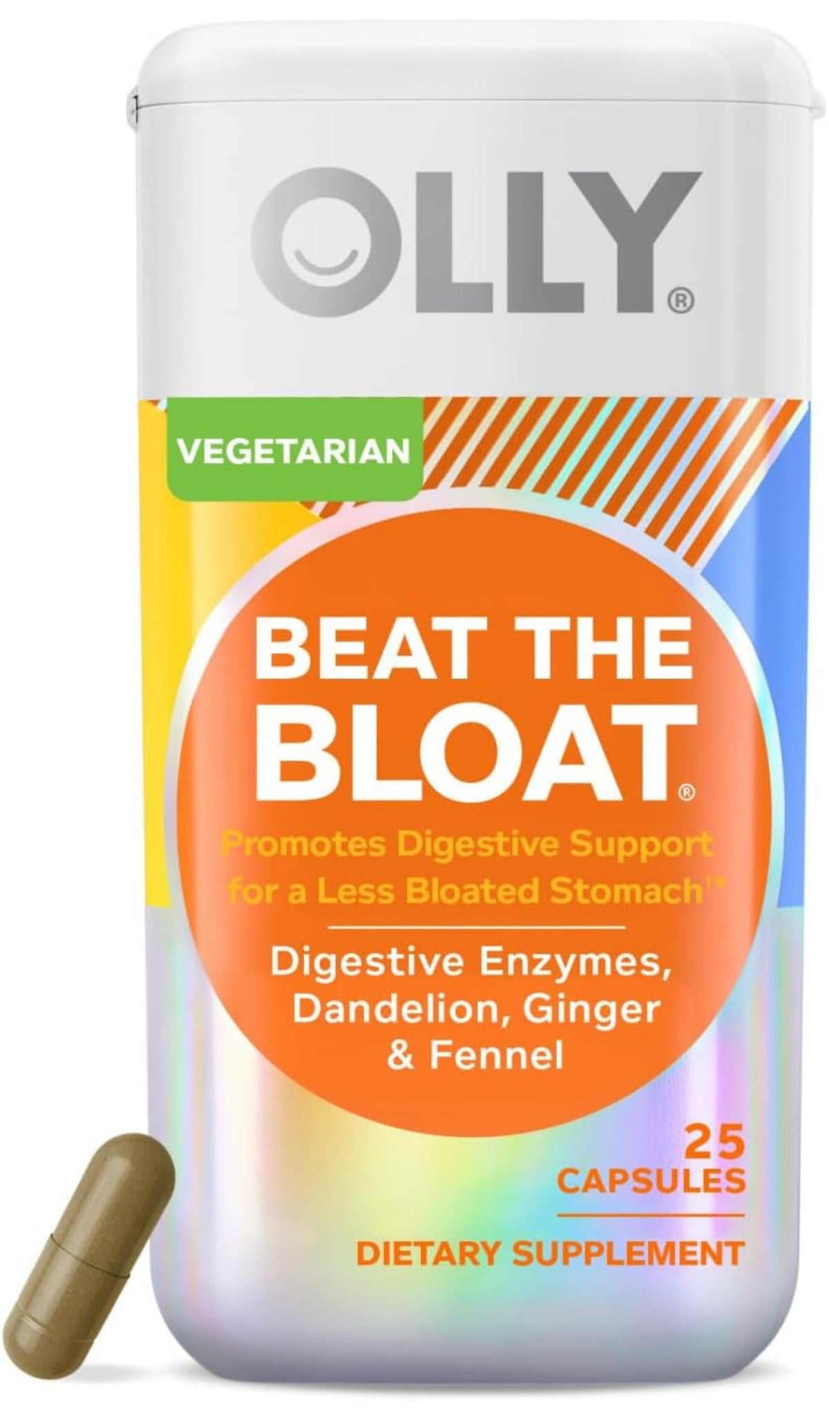 OLLY - Cápsulas veganas Beat The Bloat, alivio de la hinchazón del vientre, ideales para problemas de retención de gas y agua, con enzimas digestivas, producto vegetal, suplemento para mujeres, 25 unidades