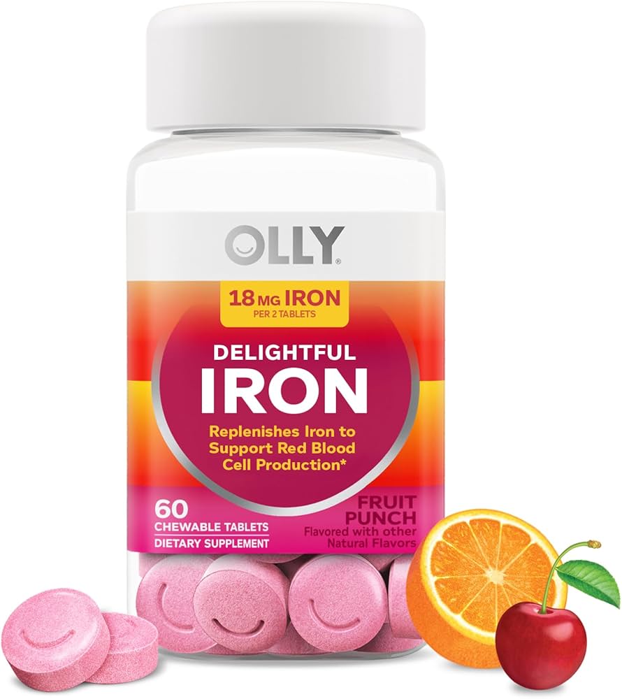 OLLY hierro Deliciosa tableta masticable de hierro, suplemento de hierro de AB Fortis, sabor a ponche de frutas, suministro para 30 o 20 días, 60 unidades