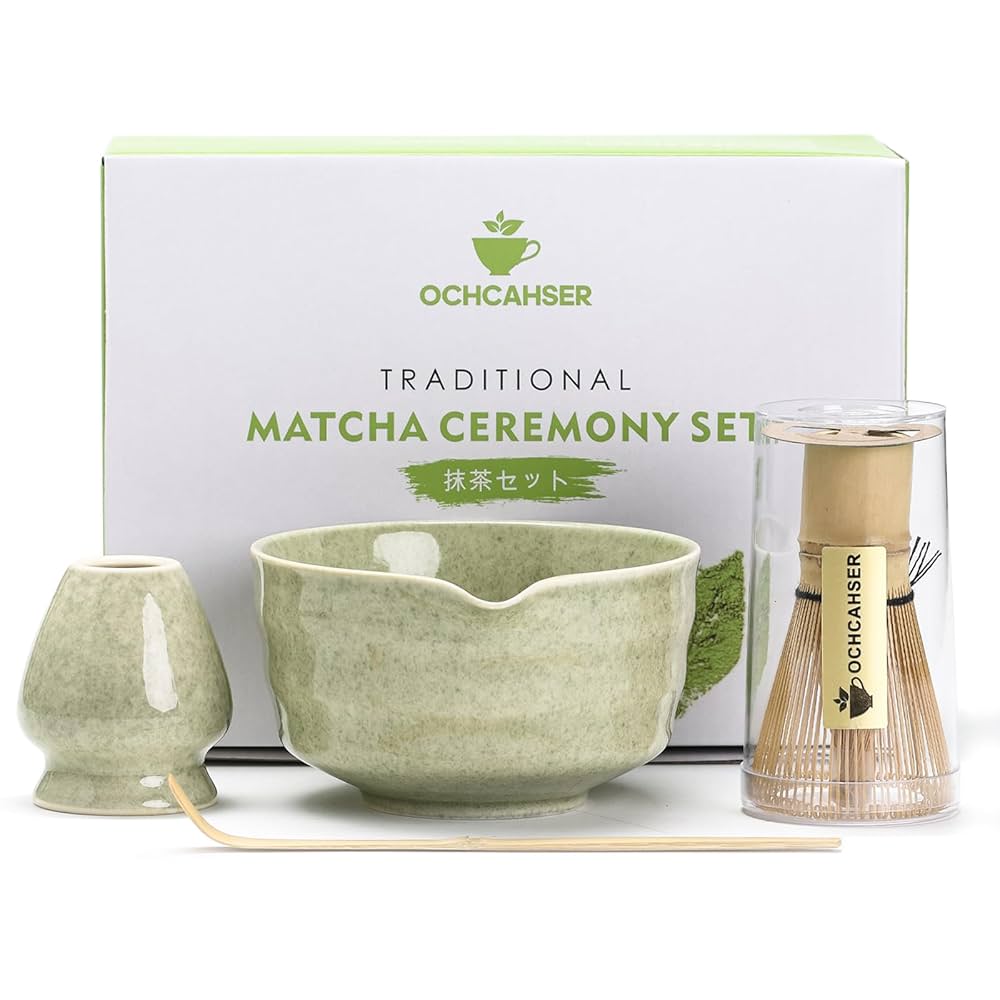 Juego de matcha de cerámica, incluye cuenco de matcha con boquilla, soporte para batidor de matcha (chasen), batidor de bambú y cuchara de bambu