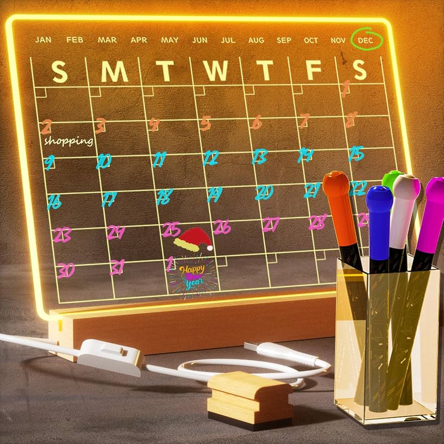 Calendario transparente tipo pizarra, luz led