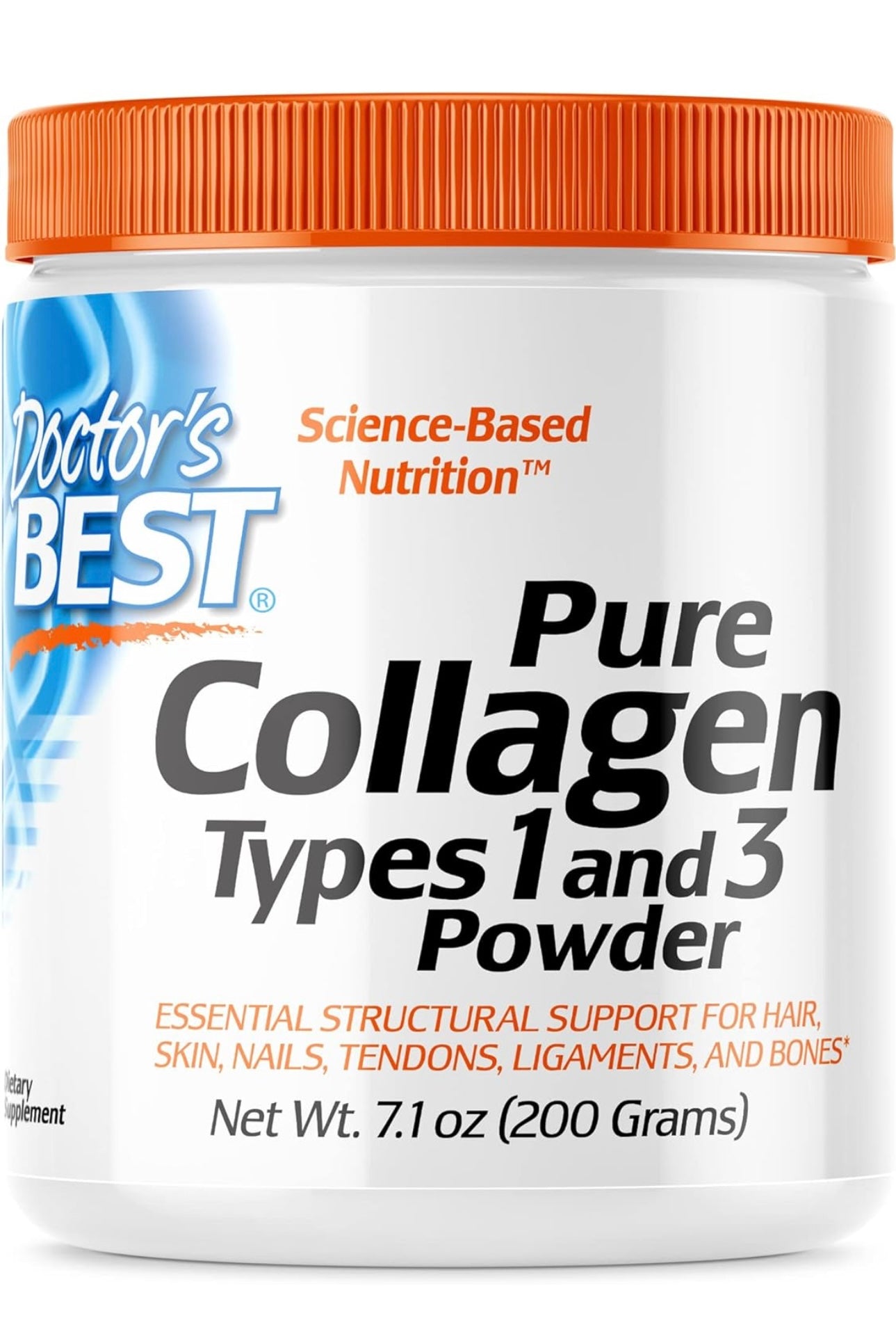 Doctor's Best Colágeno puro tipo 1 y 3, promueve la salud de la piel del cabello y las uñas, soporte para huesos y articulaciones, 7.1 onzas (paquete de 1)
