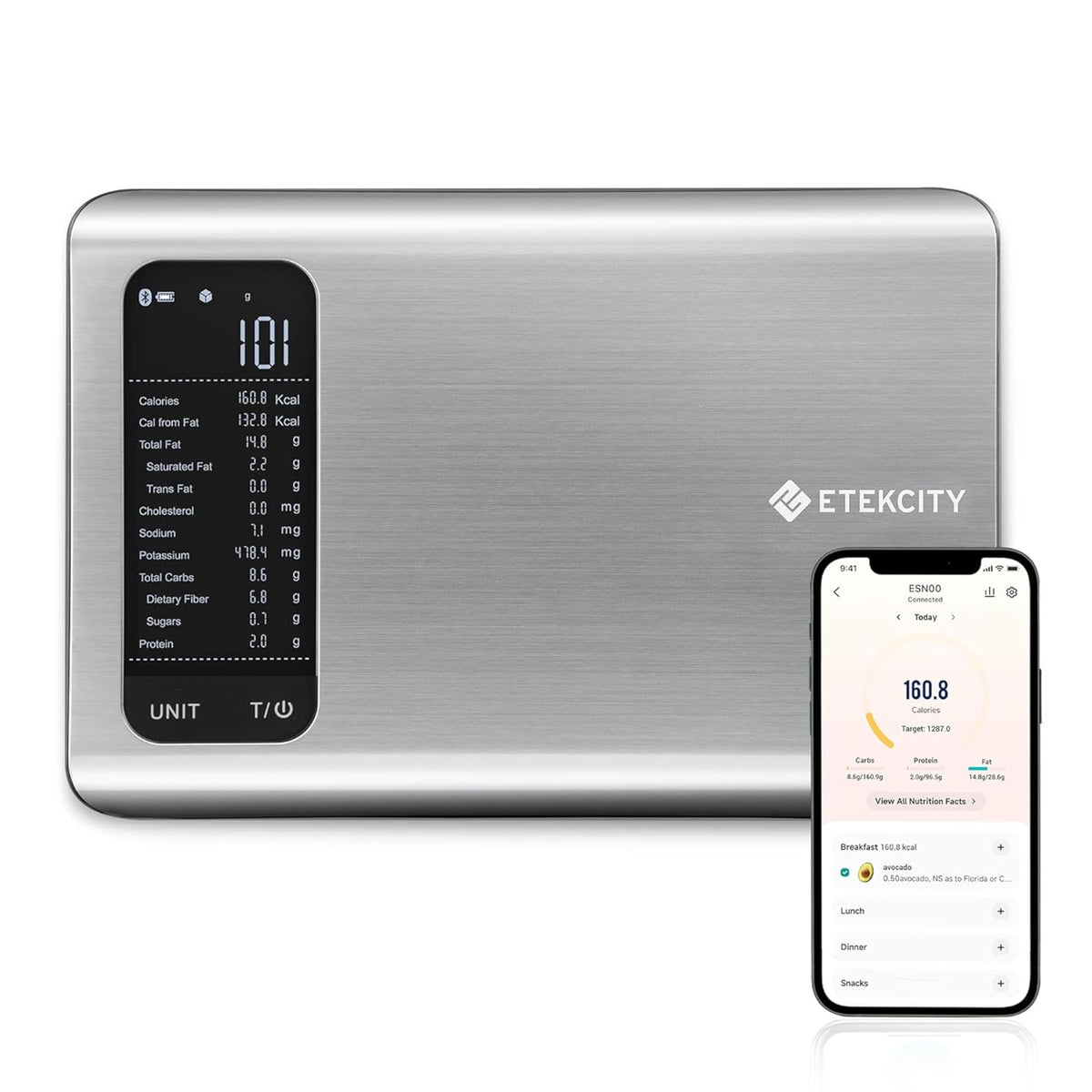 Etekcity Smart Food Nutrition - Báscula de cocina digital para bajar de peso, hornear, cocinar, calculadora de calorías, macro, ceto, grande, acero inoxidable