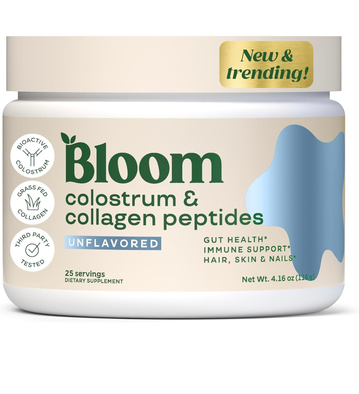 Bloom Nutrition, Polvo de calostro bovino para la salud intestinal, apoyo inmunológico, suplemento para el crecimiento del cabello y belleza, sin gluten, sin azúcar, 118 gr