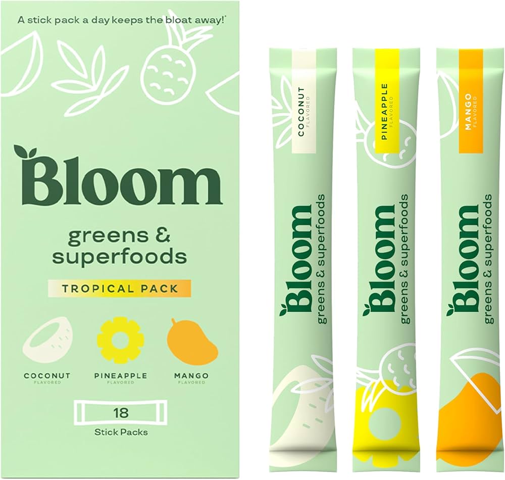 Bloom Nutrition Paquetes en barra de polvo de superalimentos verdes, enzimas digestivas con probióticos y prebióticos, salud intestinal, alivio de la hinchazón para mujeres, clorella, mezcla de jugo