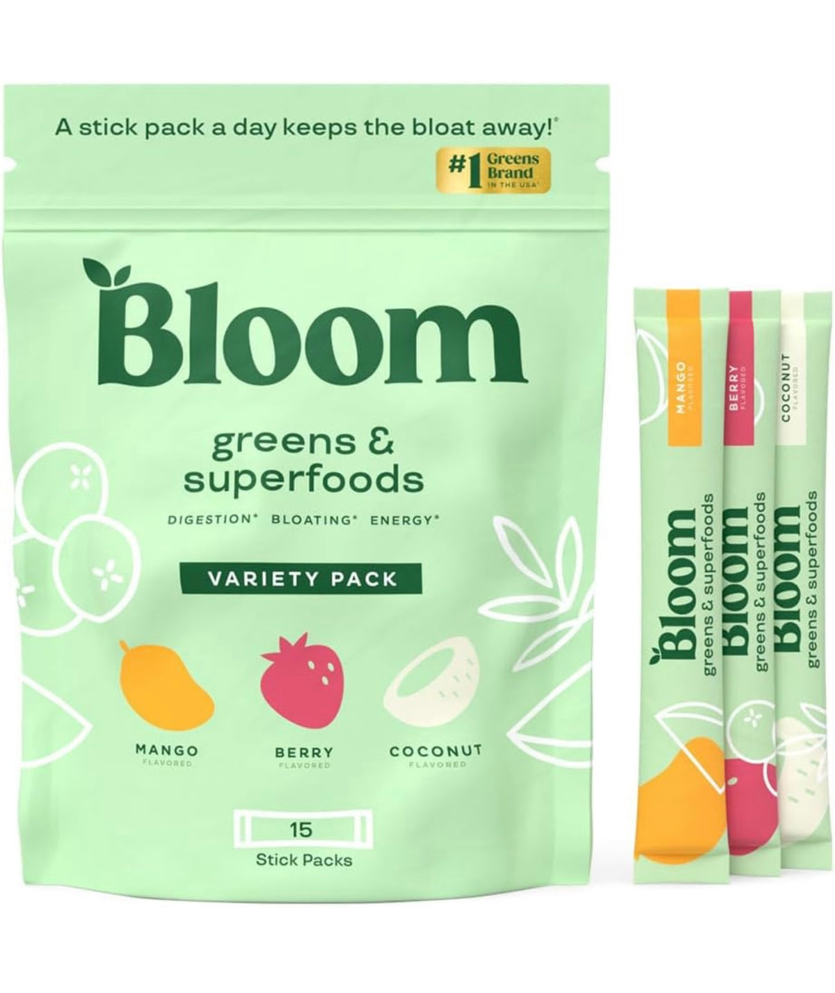 Bloom Nutrition - Greens and Superfoods en polvo, alimentos verdes en polvo, enzimas digestivas, probióticos, espirulina, clorela para la hinchazón y salud intestinal, 15 sobres para llevar
