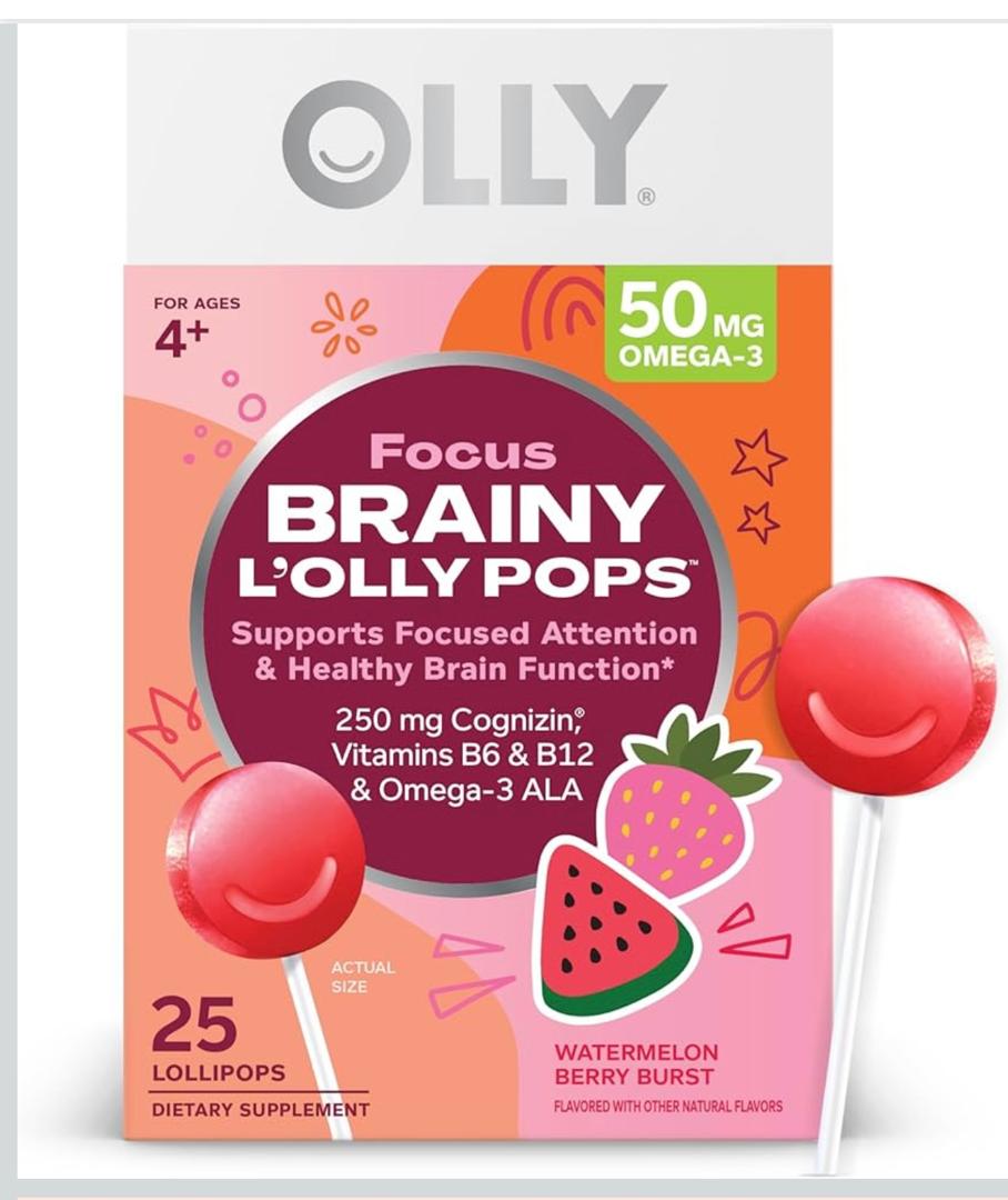 OLLY Focus Buddies L'OLLY Pops, Cognizin, Vitaminas B6 y B12, Omega-3 ALA, apoya la atención enfocada y la función cerebral saludable.* Suplemento dietético para niños de 4 años en adelante