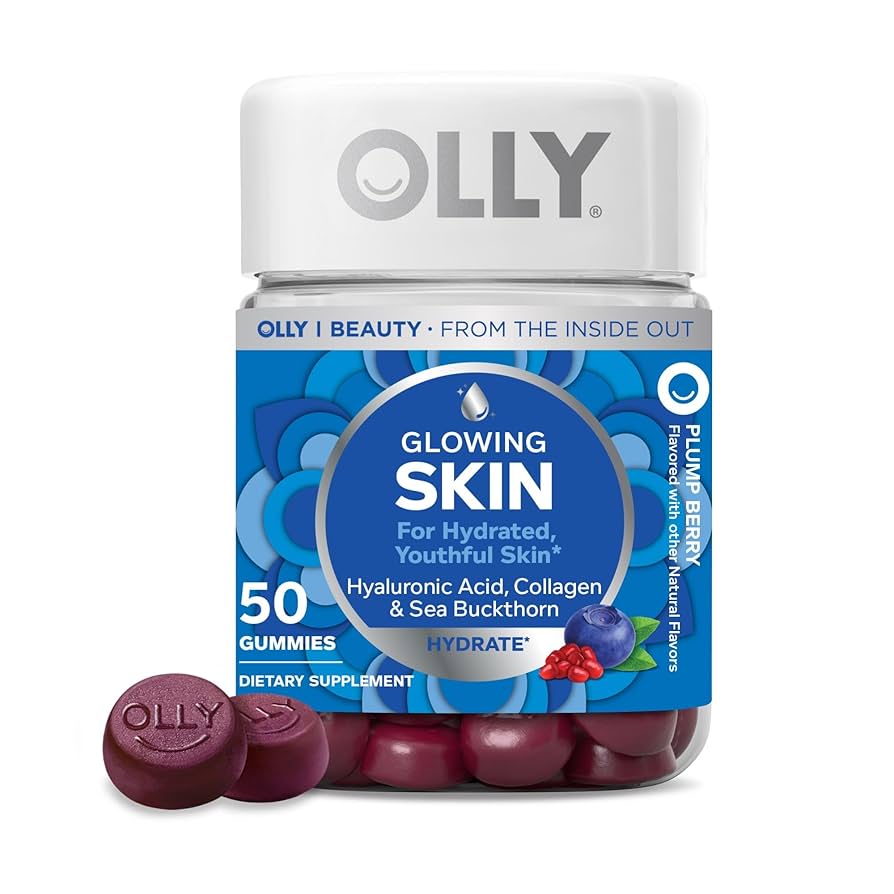 OLLY - Gomitas Glowing Skin, suministro para 25 días (50 piezas), sabor baya, ácido hialurónico, colágeno, espino amarillo, suplemento masticable