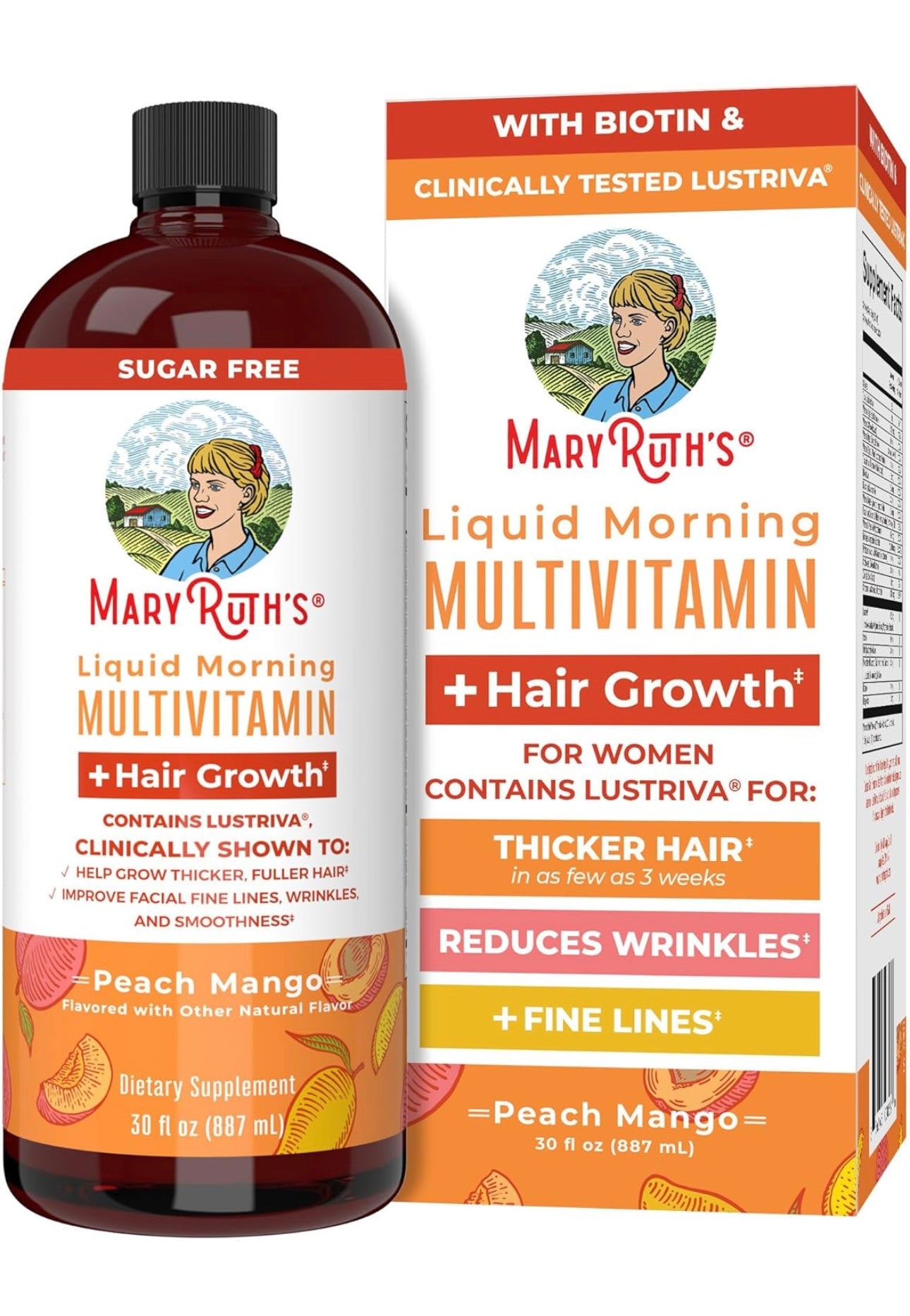 MaryRuth's Multivitamínico líquido + Lustriva® crecimiento del cabello | Biotina 10000mcg | Vitamina D | Vitaminas B | Clínicamente probado para cabello más grueso, arrugas, líneas finas, 887 ml