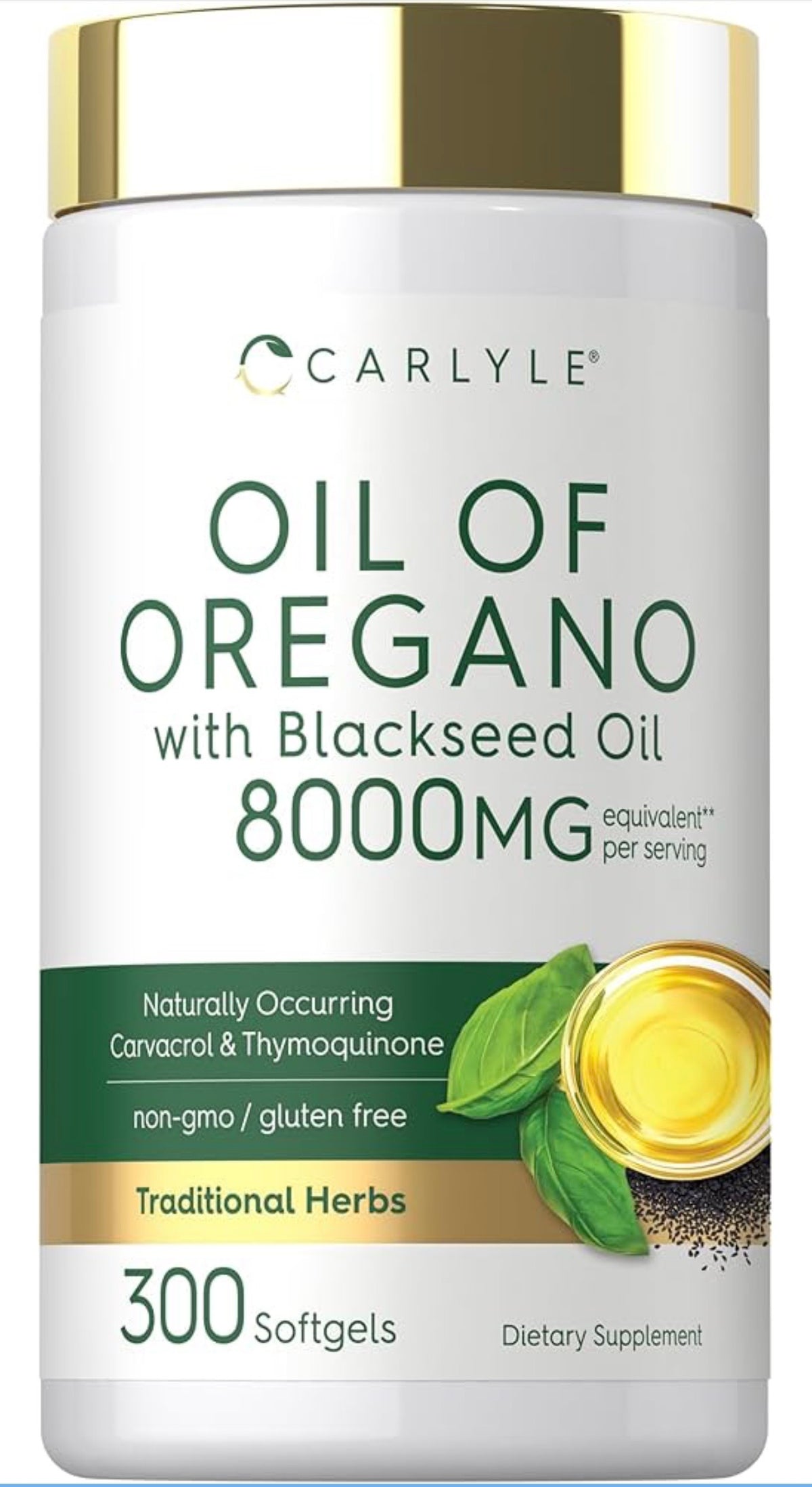 Carlyle Aceite de orégano con aceite de semilla negra 8000 mg| 300 cápsulas de cápsulas blandas