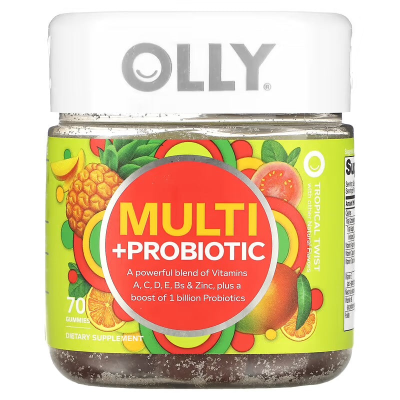 OLLY - Cápsula multivitamínica + probiótico para adultos, suministro de 35 días (70 gomas), torcedura tropical, 1 mil millones de UFC