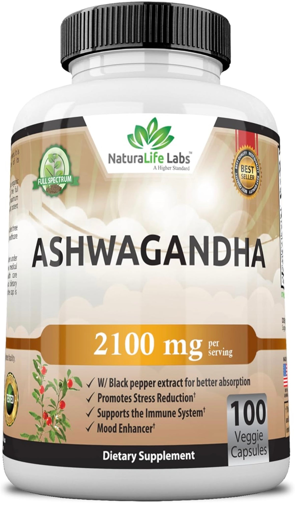 NATURALIFE LABS, Ashwagandha 100% puro extracto orgánico de raíz y polvo, 100 cápsulas