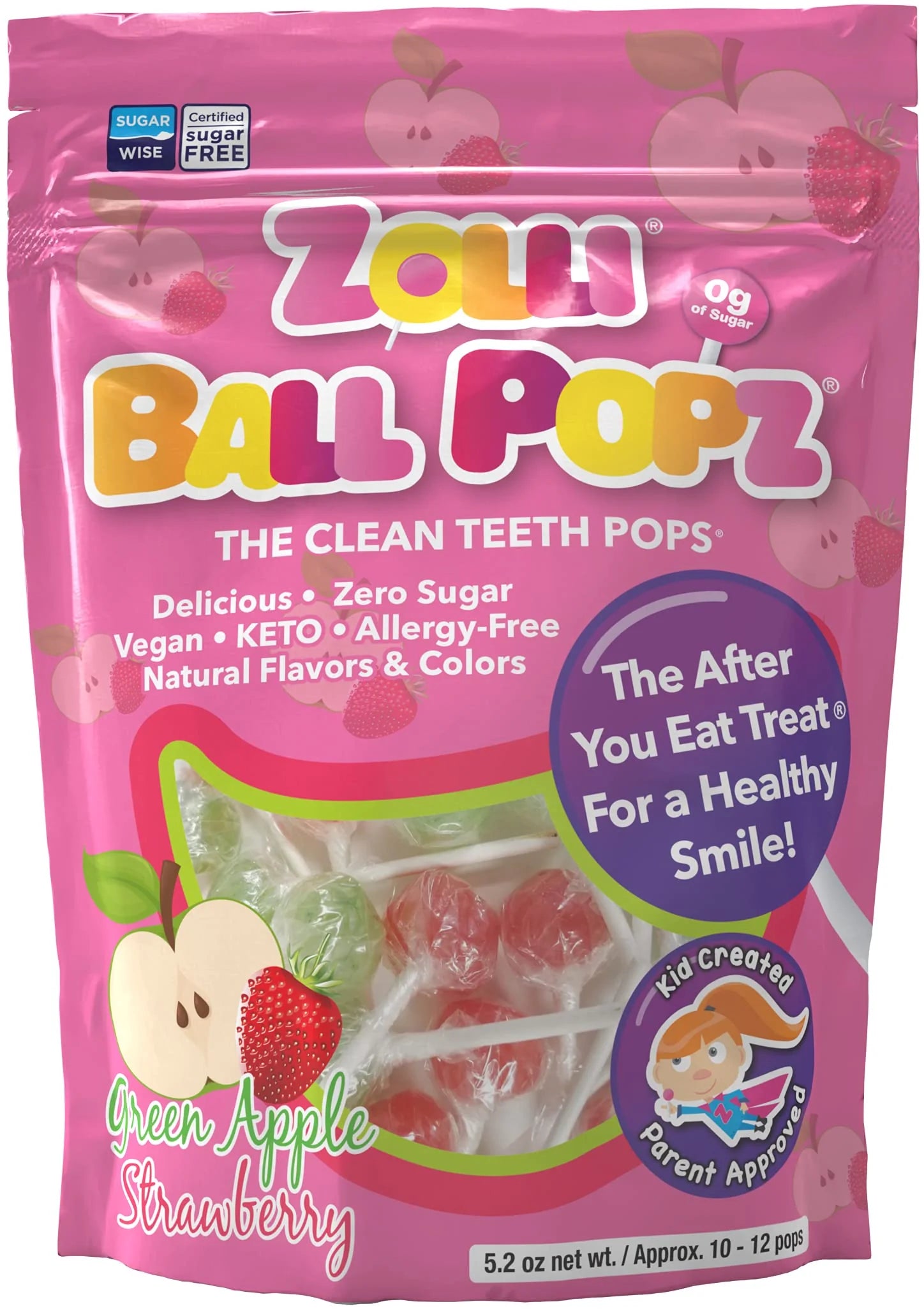 Zollipops Clean teeth, green Apple strawberry, 12 unidades